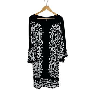 INC International Concept women's shift dress black floral bell sleeve size L
